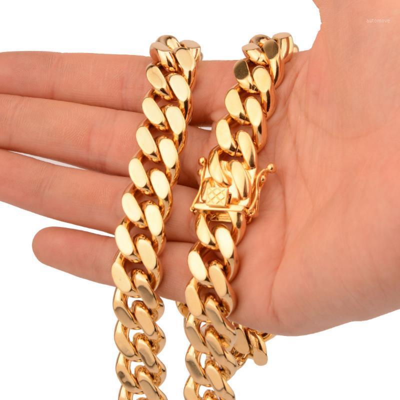 

Hip hop 15mm Men Miami Curb Cuban Chain Necklace Stainless steel New Design Clasp Gold Color casting Chain Necklaces/Bracelet1