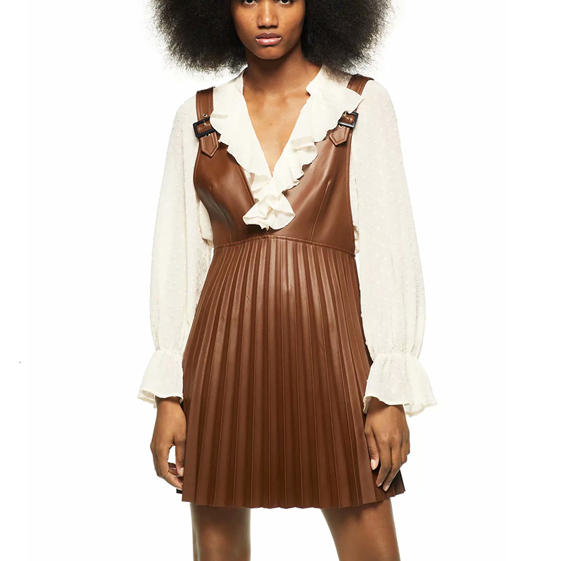

New Women Pu Leather Pleated 2021 Gothic Mini Bodycon Sleeveless Suspender Buckle Fashion Sun Streetwear Mujer I07k, Picture
