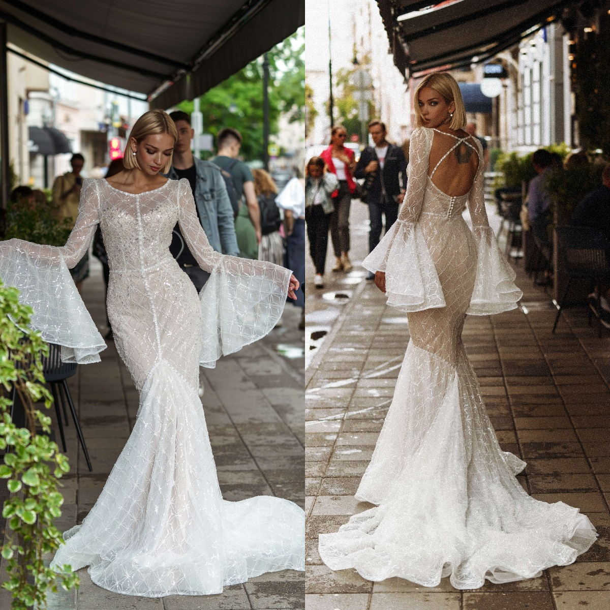 

2021 Lace Wedding Dresses Long Sleeves Appliques Beads Sequins Bridal Gowns Custom Made Open Back Sweep Train Mermaid Wedding Dress, Silver