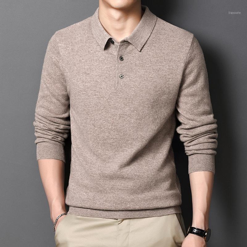 

Middle aged men's sweater shirt collar 100% pure wool thickened warm solid color Pullover bottomed shirt men's winter wear1, Beige