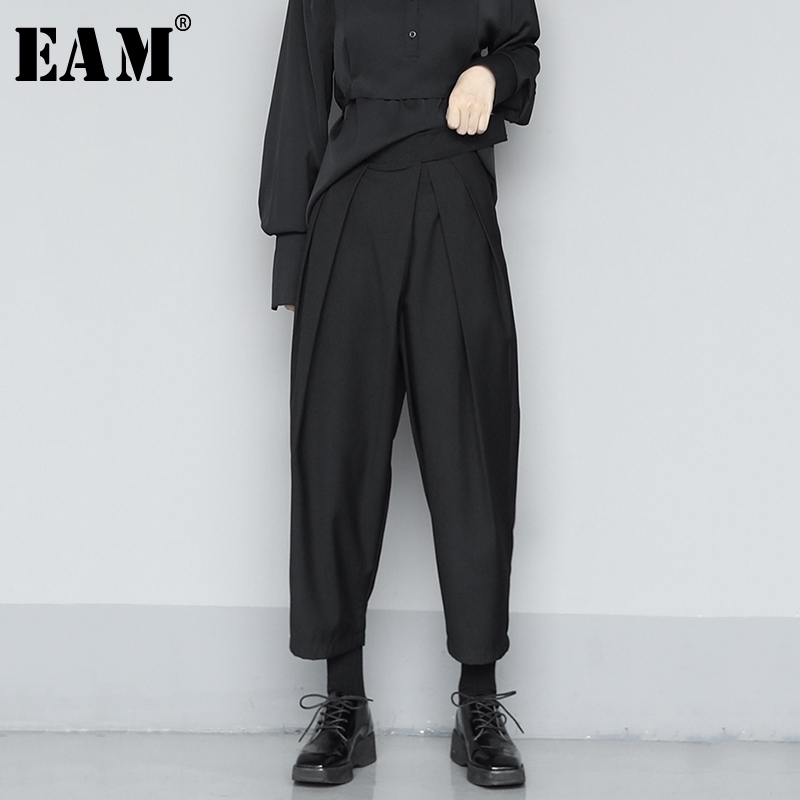 

[EAM] High Waist Black Split Joint Pleated Long Wide Leg Trousers New Loose Fit Pants Women Fashion Spring Summer 1U360 201106