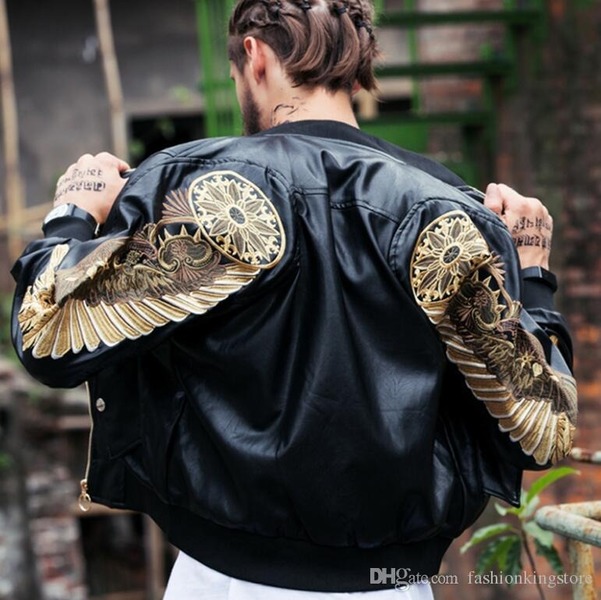 

Mens leather jackets 2019 Bomber faux Leather Jackets Red Black PU Outwear Gold Wings Embroidery Punk motorcycle Slim Coat w91