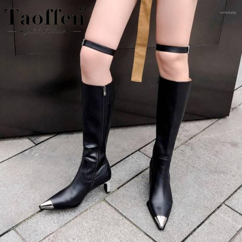 

Taoffen Sexy Women Genuine Leather Knee High Boots Party Pointed Toe Fashion Thin High Heels Shoes Woman Winter Botas Size 33-401, Black 1