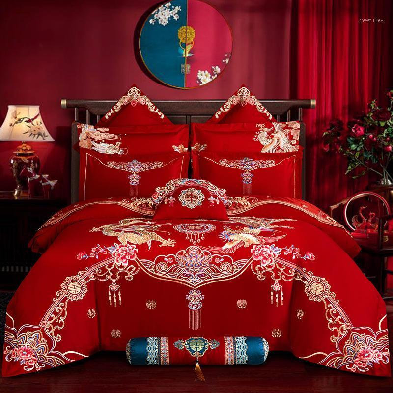 

Luxury Golden Loong Phoenix Flower Embroidery Chinese Wedding Princess Bedding Set Duvet Cover Bedsheet Linen Pillowcases Cotton1