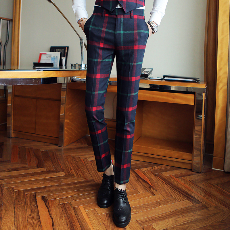 

2021 New Quality Red Plaid Slim Trousers Business Office Casual Suit Men's Pants Large Size 36 32qw