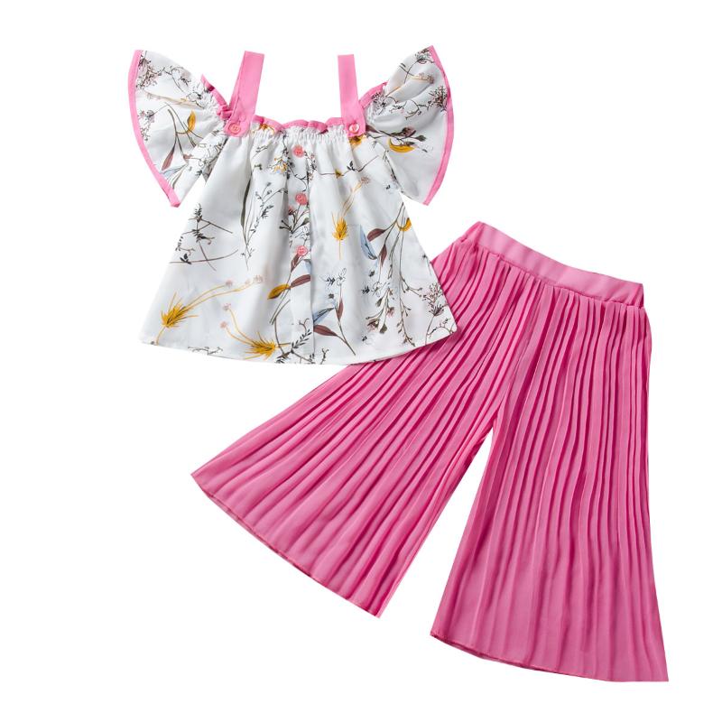 

Girls outfits shoulderless strap tops+Creasing Wide leg pants two piece baby girls butterfly sleeve clothing little girl costume, -323