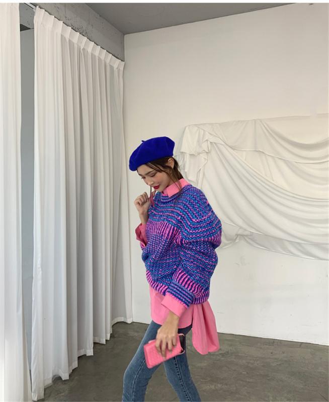 

Ins Hot Korean Style Patchowrk Colorful Multi Colors Elegant Fashion Sweater Shirt for Ladies 2020 New Winter Solid Sweater, Army green