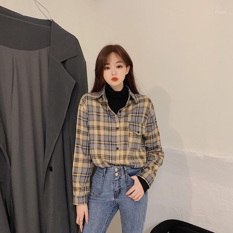 

2020 Fashion Women Chic Oversized Plaid Long Sleeve Female Casual Print Shirts Stylish Cotton Tops1, Photo color
