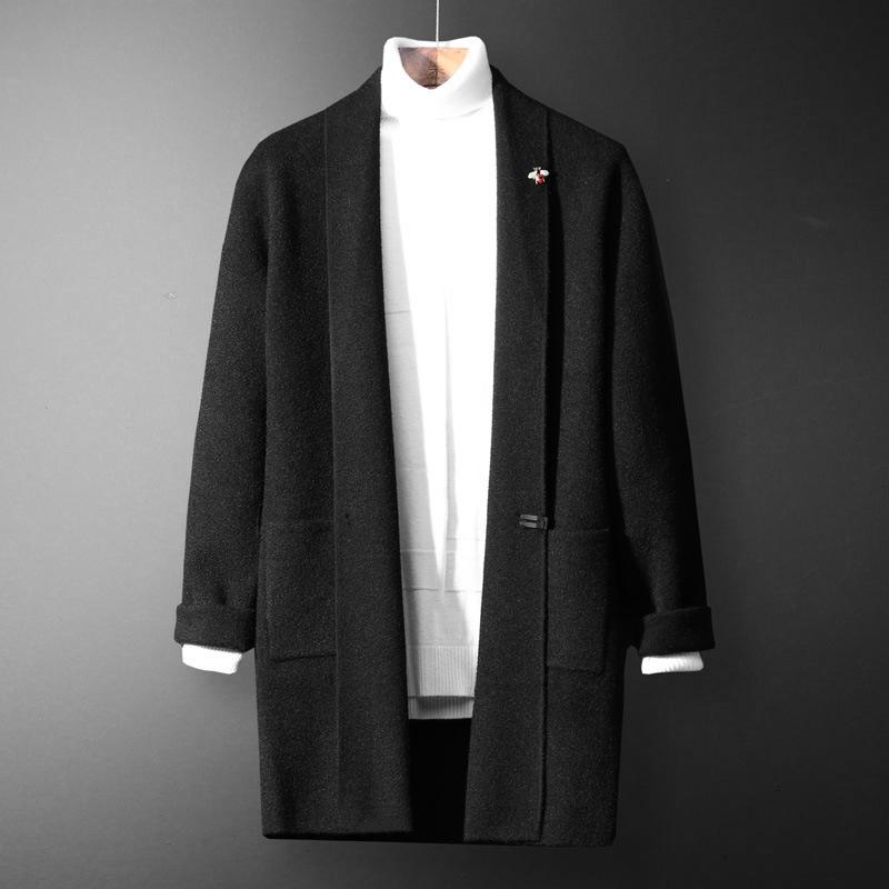 

Men's woolen coat autumn winter medium length British wool coat double faced Ni Nizi cashmere windbreaker man, Black