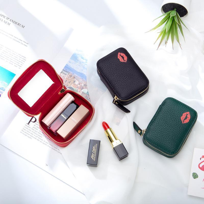 

Genuine Leather Makeup Bags 2020 Lipstick Bag Small Mini Portable Carry-on Cosmetic Bag Leather Storage Lipstick Box Mirror1, Green