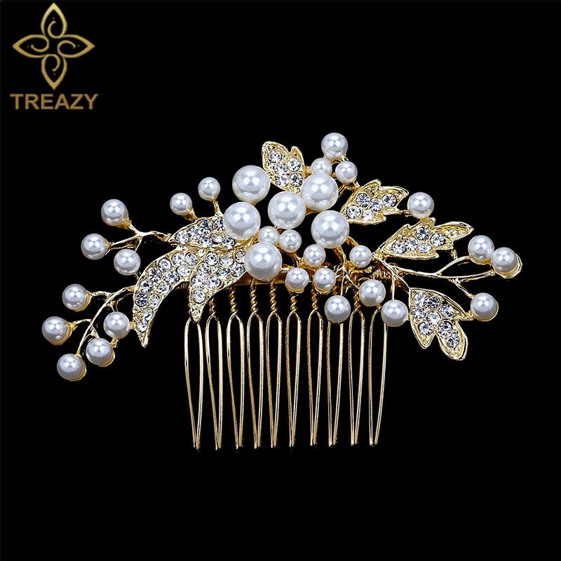 

Hair Clips & Barrettes TREAZY Fashion Gold Color Crystal Pearls Floral Combs For Women Wedding Bride Headpiece Bridal Jewelry Accessories