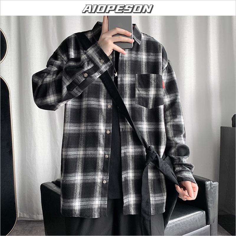 

AIOPESON Harajuku Plaid Shirt Men 2021 New Spring Streetwear Korean Square Collar Pocket Men's Shirt Hip Hop Casual Male Shirts, Black