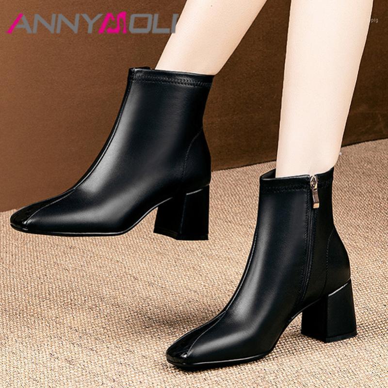 

ANNYMOLI Women Shoes Genuine Leather High Heel Ankle Boots Square Toe Block Heels Short Boots Zipper Female Winter Black1, Black