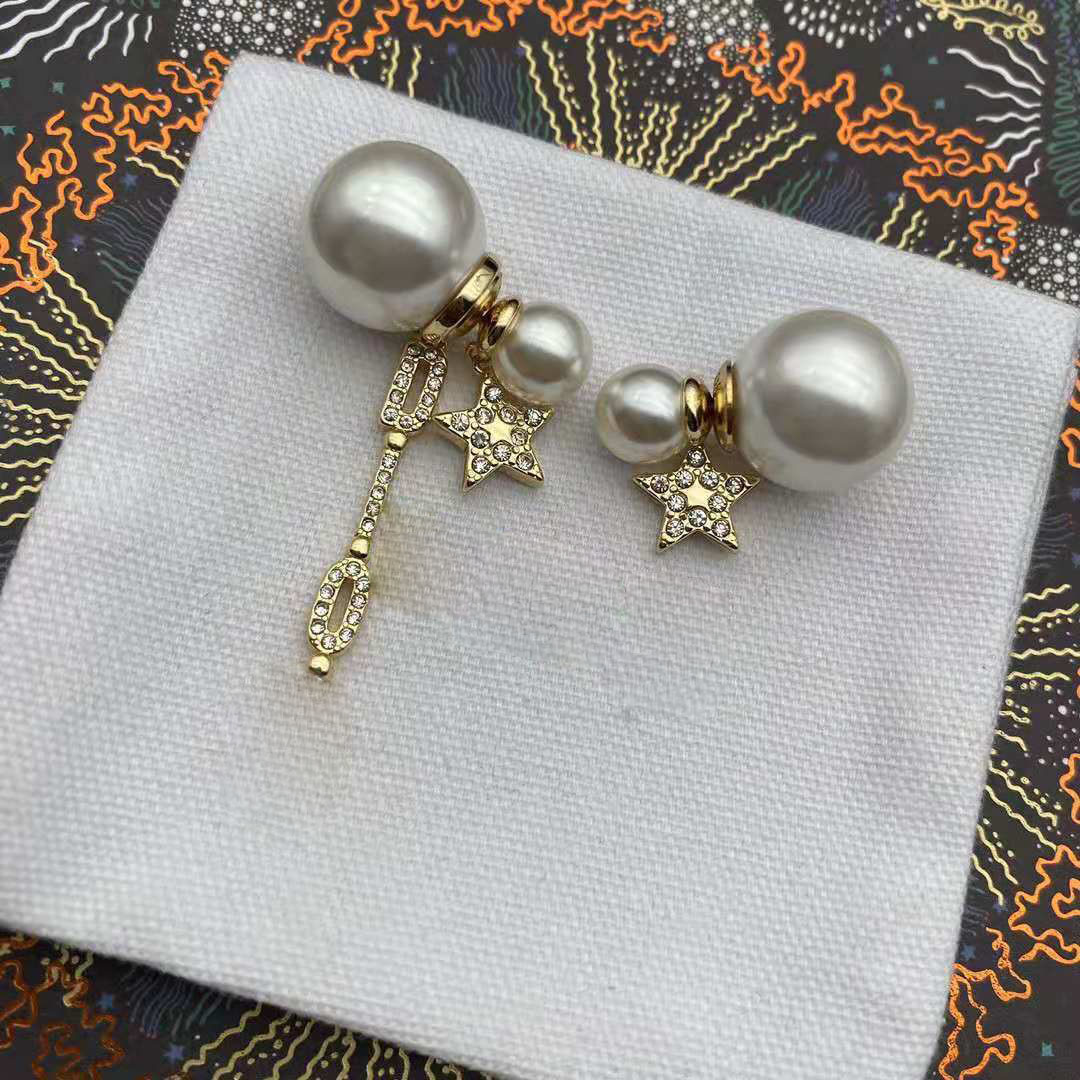 

Brand Luxury Pearl Double Sided Gold Stud Earrings Wedding Jewelry Prevent Allergy Letters Link Star Crystal Ear Rings Box Packing