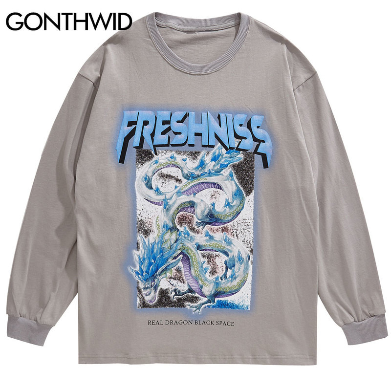 

Hip Hop Oversized Tshirts Streetwear 3D Chinese Dragon Print Long Sleeve Tees Shirts 2020 Mens Fashion Casual Loose Top, Light gray