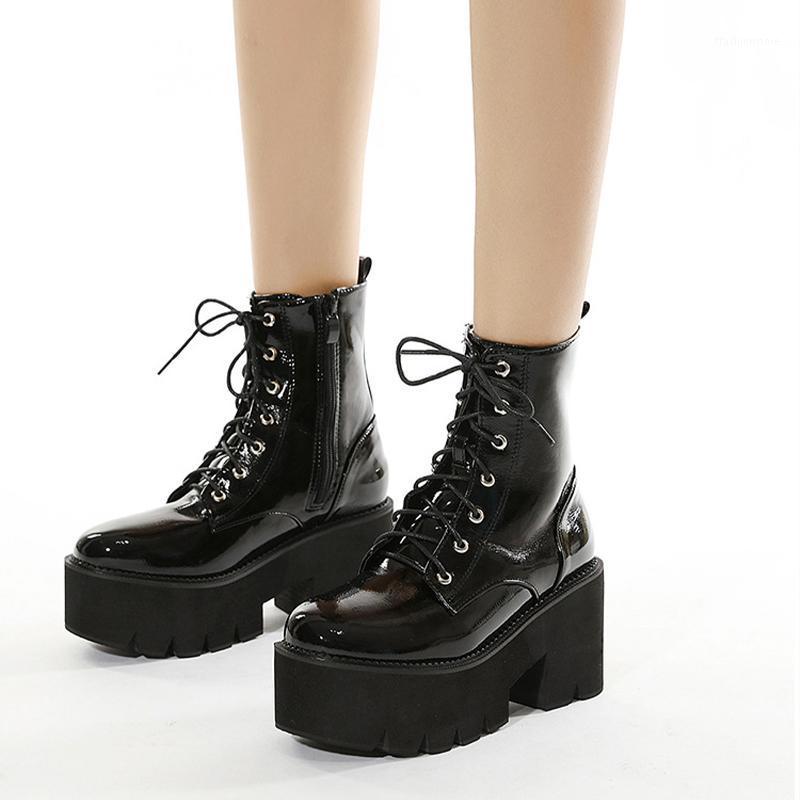 

Women Platform Ankle Boots Ladies Patent Leather Chunky Pump Female High Heels Women's Lace Up Woman Gothic Punk Shoes Plus Size1, Black