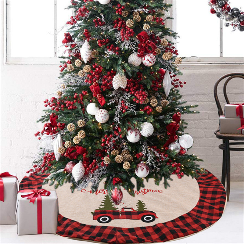 

Burlap Christmas Tree Skirt with Red and Black Plaid Border Embroidered Tree Skirt Decor for Xmas Decorations JK2010XB