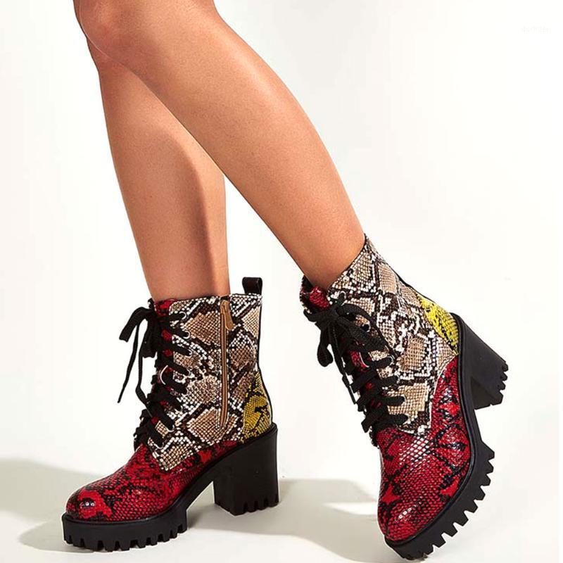 

Brand Sale Square Heels Big Size 43 Multi Snake Veins Skidproof Sole Platform Booties Ankle Women Shoes Female Boots1, Red