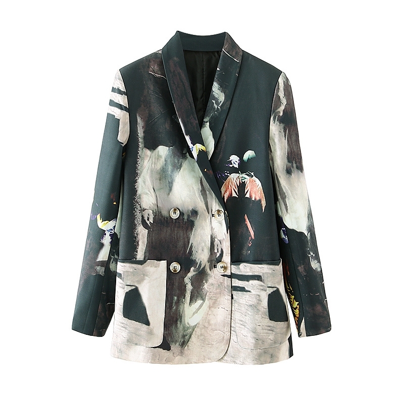 

2021 New Streetwear Feminine Tie-dye Printing Blazers Fashion Ladies Striped Shredded Female Double-breasted Jacket FN4K, Black