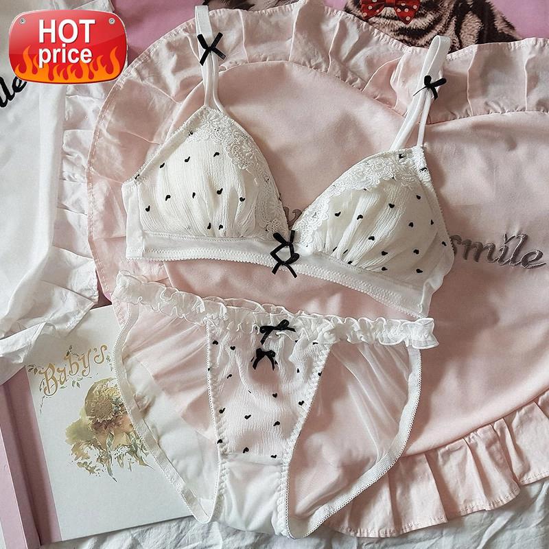 

Sweet Girl Heart Lace Trim Sexy White No Rims Bra Underwear Set Japanese Cute Bow Lolita Bra & Brief and Panty Set #VE89, Black;white