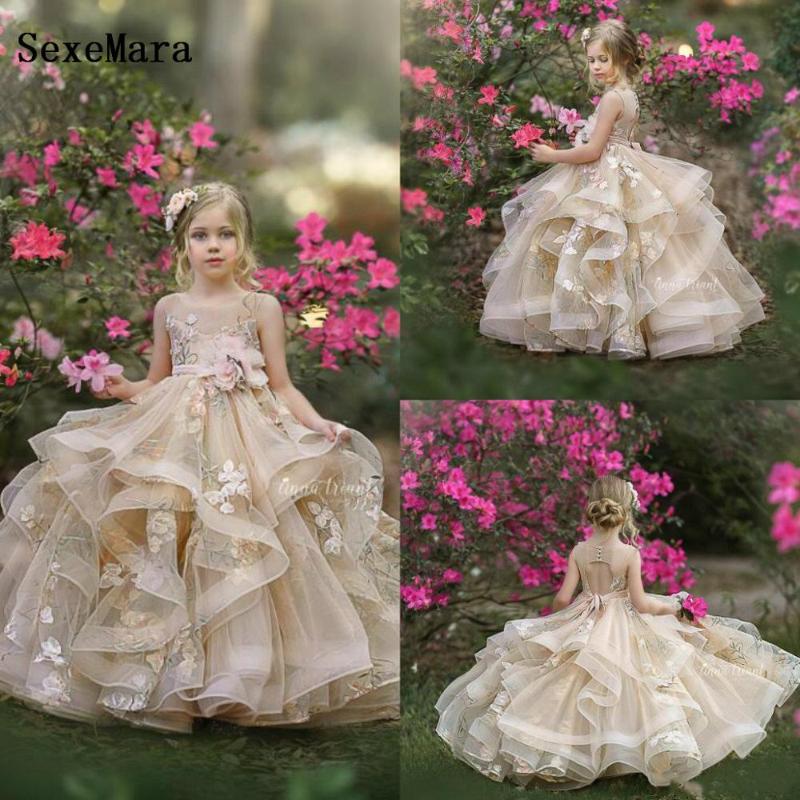 

Champagne Flower Girls Dresses For Wedding Tulle Lace Long Girl Dress Party Christmas Dress Children Princess Costume For Kids