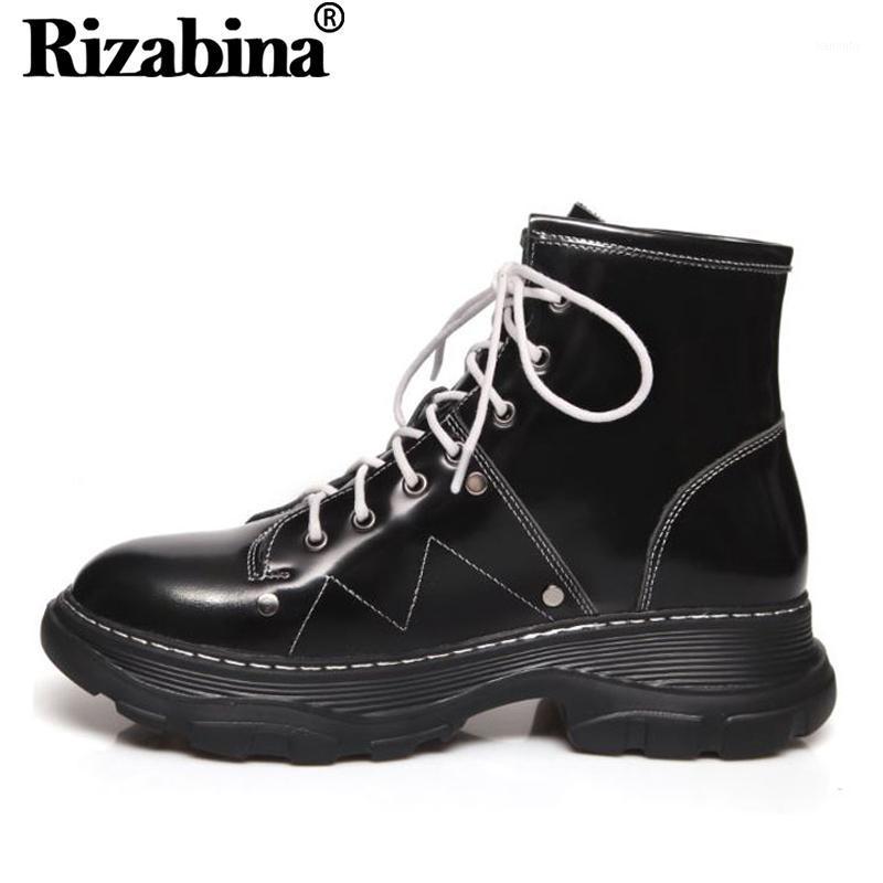 

RIZABINA Women Winter Brand Ankle Boots Real Leather Hot Sale Fashion Motorcycle Boots Round Toe Shoes Woman Size 34-431, Black