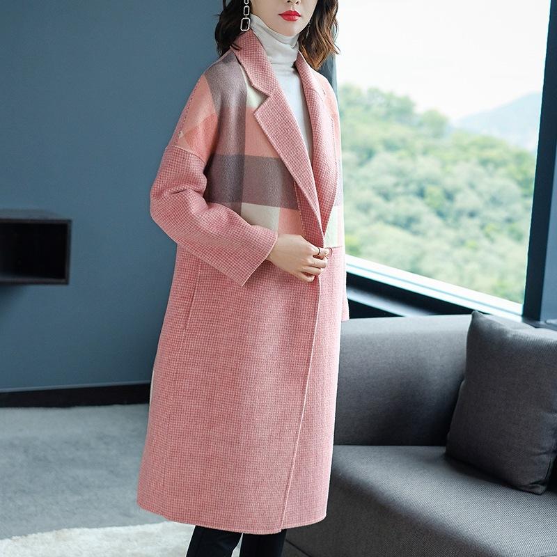 

High-end quality woolen coat 2020 new popular thousand bird plaid double-sided cashmere coat female long section Female commu, Pink