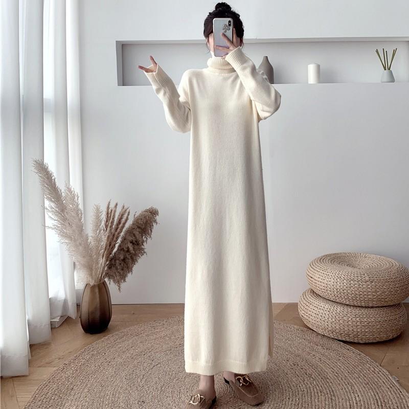 

Turtleneck Loose Knitted Long Dresses For Women 2021 Spring Full Sleeve Sweater Maxi Dress Fashion Elegant Street Style Vestidos, Beige