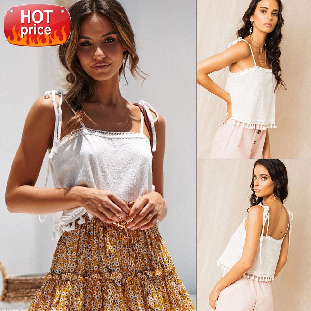 

US Women's Casual Tassels Camisole Plain Strappy Vest Top Sleeveless Solid Tank #HF2g, White