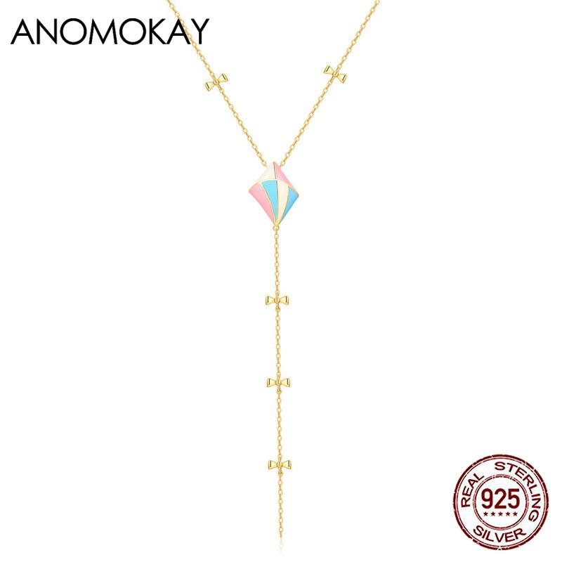 

Anomokay Classic Trendy Colorful Geometric Dangle Long Chain Gold Color Necklace Fashion 925 Silver Sweater Necklace for Women