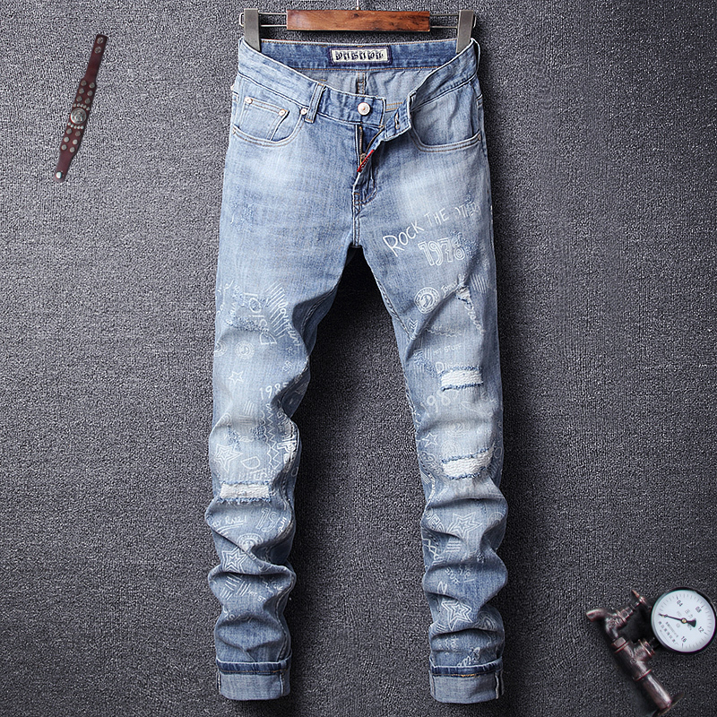 

2021 New Fashion Streetwear Retro Light Blue Slim Fit Ripped Men Denim Pants Printed Designer Hip Hop Homme Ewum