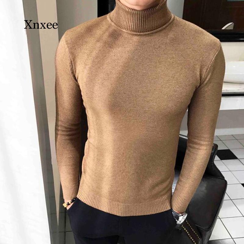 

Winter High Neck Thick Warm Sweater Turtleneck Brand Mens Sweaters Slim Fit Pullover Men Knitwear Male Double Collar -3Xl, Beige