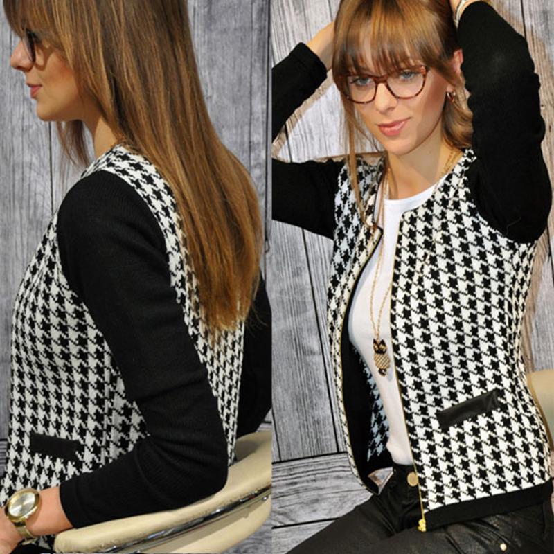 

Slim Jacket Coat Female Casual Coat Houndstooth Jakcet Long Sleeve Women Top Splicing Zip Women' Jacket, Black