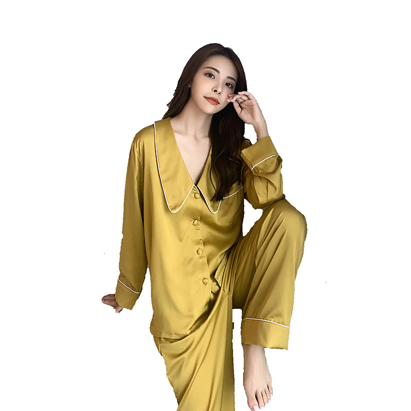 

2021 New Women's Spring Autumn Pjs Set Plus Solid Size Loose Long-slender Female Sleepwear Bk2u, Yellow
