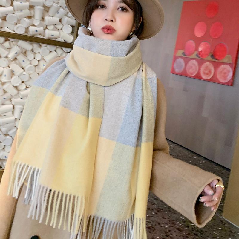 

Korean cashmere Bib women's colorful large lattice fringed shawl autumn and winter new thickened warm wool scarf