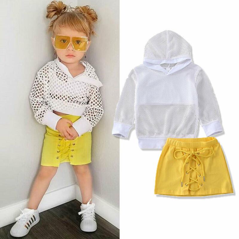 

Sweet Newborn Baby Girls Kid T-shirt Hooded Mesh Top Skirts Cotton Children Girls Tracksuits Clothes 1-6Y, As pic