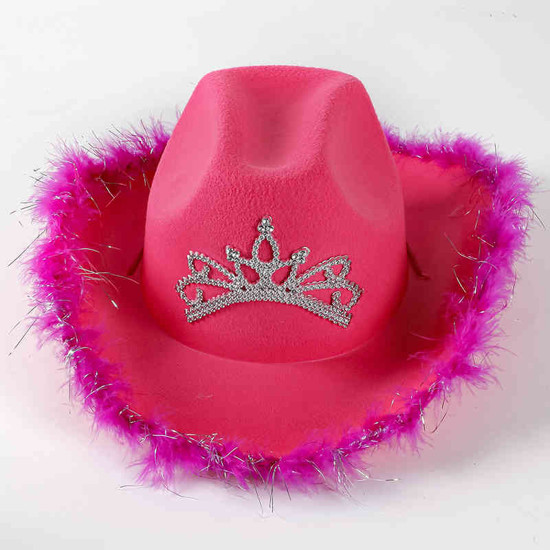 

Western Style Red Pink Cowboy Hat Womens Fashion Party Cap Wide Brim Feather Edge Sequin Decoration Crown Tiara Hat, Blue;gray
