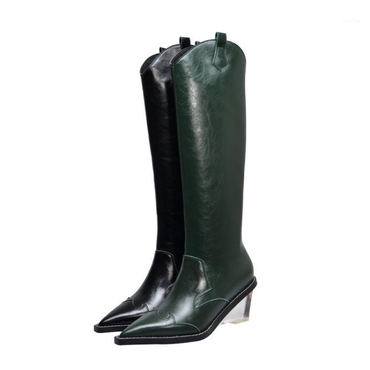 

Autumn winter 2020 Western Cowboy Boots For Woman Leather Mid-calf Pointed Toe Clear Heels Thigh High Combat Punk Shoes Botas1, As picture