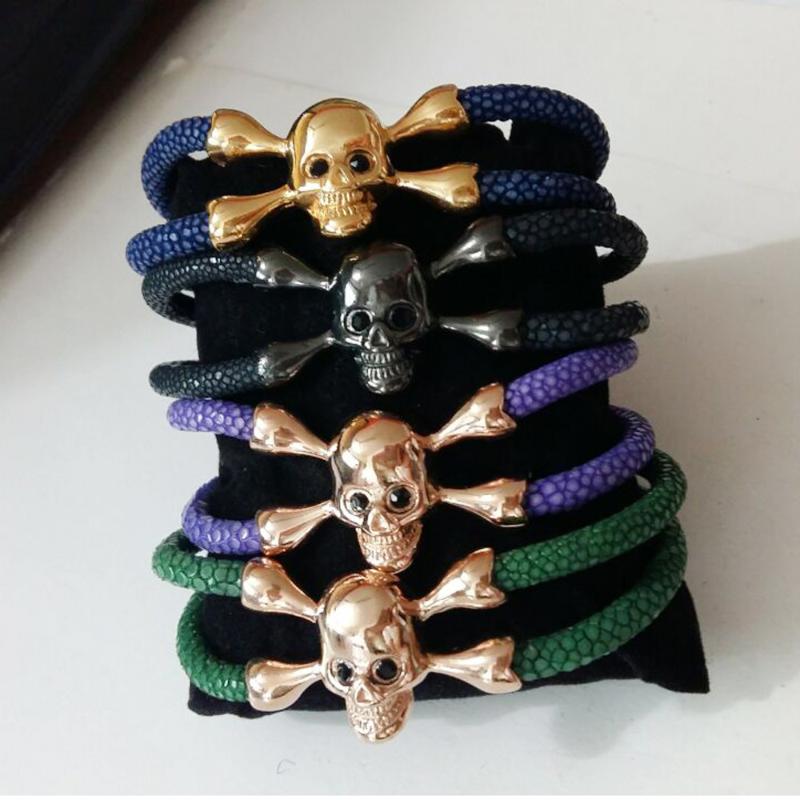 

BC Exclusive design genuine stingray skin bracelet leather with stainless steel bracelet skull BC-0095