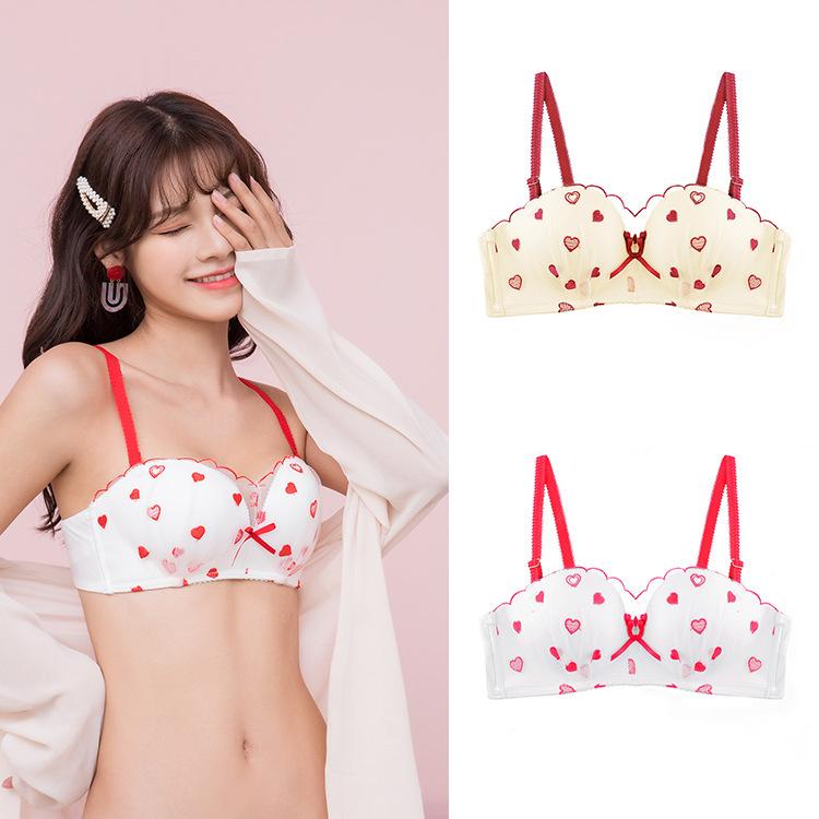 

New Love Embroidered Bra Detachable Double Shoulder Strap Non-slip Belt Seamless Underwear Less Ladies No Steel Ring Bra Stanik, See chart