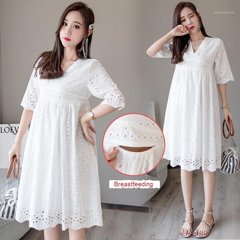 

2020 V Neck Summer Maternity Dress Woman Nursing Dress hollow Dresses for Pregnant Woman Large Size Pregnancy Breastfeeing1, White