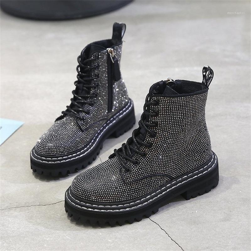 

Winter women pumps dress boots Platform Fashion Rhinestone lace up Round Toe mid heels snow botas women shoes1, Black