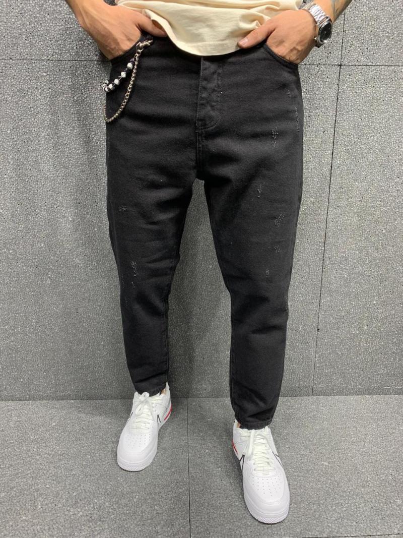 

Black Boyfriend Chain Detail Men's Jeans, As pic