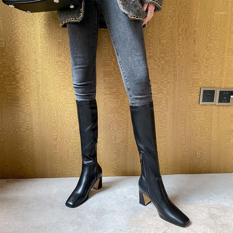 

Autumn and winter high boots knee high boots heels thick heels elastic thin square head big size 41-43 Knight1, Beige