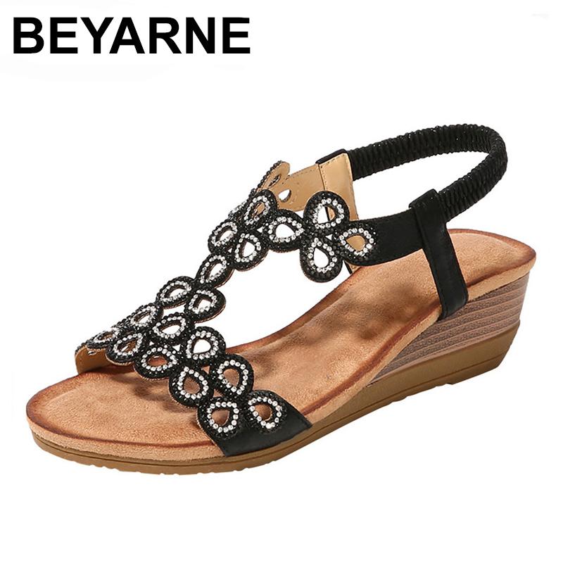 

BEYARNESAGACE Women Ladies Crystal Casual Wedges Elastic Band Bohemian Beach Sexy High Quality Outsid Ladies Crystal Shoes 2020, Black