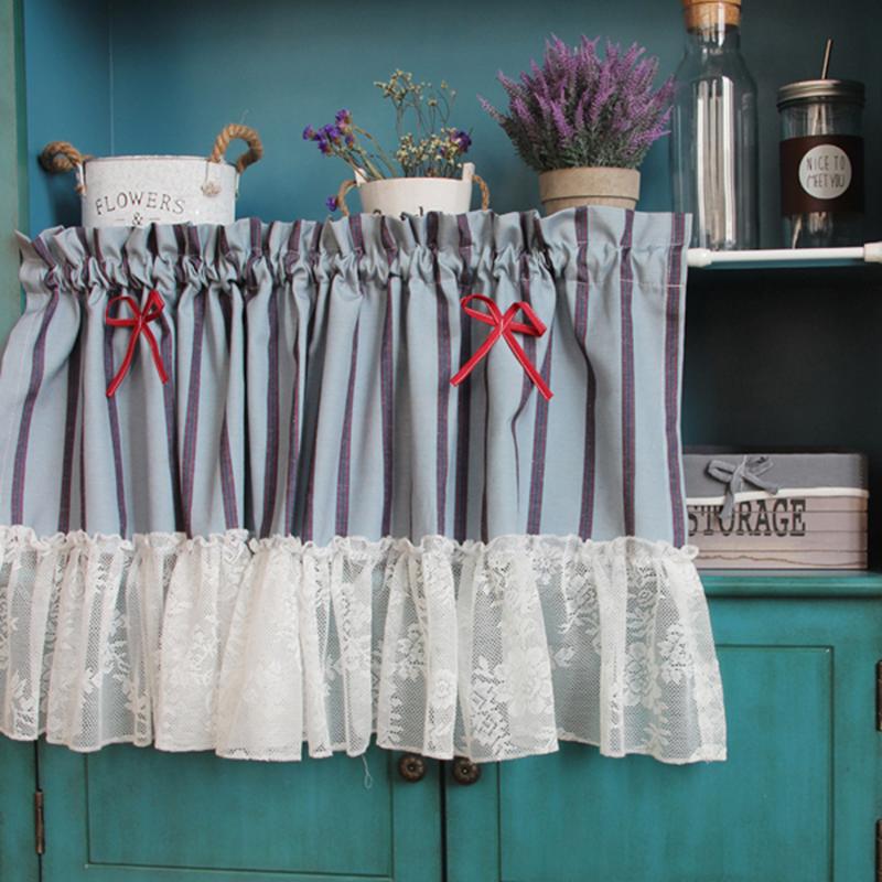 

Senisaihon Cotton Half-Curtain Blue Stripes Roman Curtains White Lace Tulle Hem Coffee Short Curtains for Kitchen Cabinet Door, Same as image