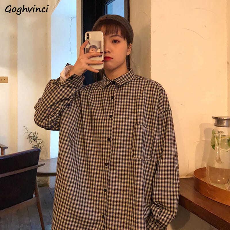 

Shirts Women Blouses Plaid Single Breasted Retro Loose Leisure Simple Harajuku All-match School Korean Tops Girls Fashion Chic, Black