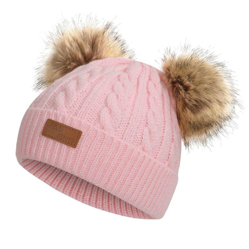 

Toddler Kids Winter Chunky Braid Cable Knitted Hat Cute Fluffy Removable Pompom Solid Color Baby Cuffed Beanie Cap Ear Warmer