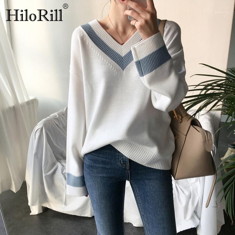 

V-neck Women Sweater Casual Autumn Winter Long Sleeve Patchwork Knitted Pullover Minimalist Clothing Korean Style Office Jumper1