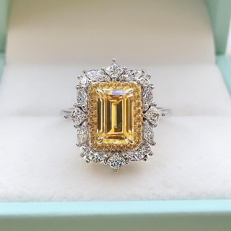 

Cluster Rings 100% 925 Sterling 6*9MM Silver Emerald Cut Citrine Created Gemstone For Women Wedding Bands Engagement Ring, Golden;silver